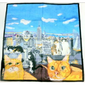 猫柄 シルク スカーフ マンハッタナーズ　見飽きないニューヨーク　ブルー　四角大判スカーフ 猫 モチーフ 88cm × 88cm