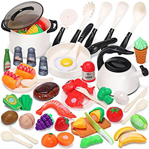 Cute Stone おままごと キッチンセット おもちゃ 知育玩具 44点セット ままごと用調理器具 お鍋 リアルな食材 切る遊び ごっこ遊び 親子遊び 子供 贈り物 誕生日プレゼント ギフト