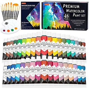 Shuttle Art 水彩絵の具 36色透明水彩 48点セット 筆10本 パレット 水彩紙付 12ml チューブ 大人の塗り絵 水彩画 お絵描き 美術 画材セット 学校用 幼稚園 初心者 専門家 プレゼント