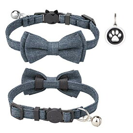 猫 首輪 ネコ 猫用 首輪 子犬 迷子札付き リボン付き 鈴付き セーフティバックル 可愛い 調整可能 軽量 ペット首輪 布 シンプル 4色 1個入り/2個セット (ダークグレー（1個入り）)