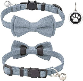 猫 首輪 ネコ 猫用 首輪 子犬 迷子札付き リボン付き 鈴付き セーフティバックル 可愛い 調整可能 軽量 ペット首輪 布 シンプル 4色 1個入り (ライトブルー)
