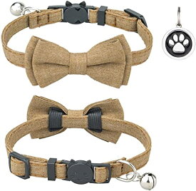 猫 首輪 ネコ 猫用 首輪 子犬 迷子札付き リボン付き 鈴付き セーフティバックル 可愛い 調整可能 軽量 ペット首輪 布 シンプル 4色 ブラウン 1個入り