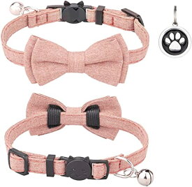 猫 首輪 ネコ 猫用 首輪 子犬 迷子札付き リボン付き 鈴付き セーフティバックル 可愛い 調整可能 軽量 ペット首輪 布 シンプル 4色 (ピンク（1個入り）)