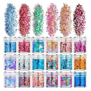 YFFSFDC ラメホログラム 18色セット キラキラ ネイルパーツ ネイルアート 容器付き グリッター ラメグリッター ラメパウダー (18色) ネイルパウダー 顔飾り ヘア飾り 新年 クリスマス メイク用