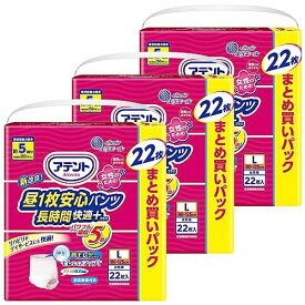 アテント 昼1枚安心パンツ長時間快適プラス Lサイズ 女性用 5回吸収 66枚(22枚×3) 【介助があれば立てる・座れる方】 【大容量】 [ケース販売]
