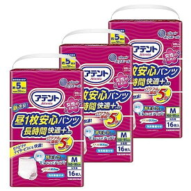 アテント 昼1枚安心パンツ長時間快適プラス Mサイズ 女性用 5回吸収 48枚(16枚×3) 【介助があれば立てる・座れる方】 [ケース販売]