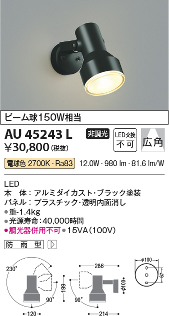 コイズミ照明 人感センサ付スポットライト タイマー付ON-OFFタイプ 散光 白熱球100W相当 黒色塗装 AU40622L 