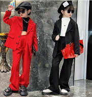 ダンス衣装キッズヒップホップ 赤 黒 セットアップ 女の子 上下セット 2点セット 長袖 ダンススーツ へそ…