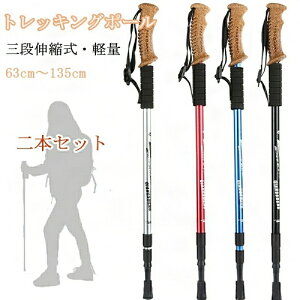 トレッキングポール 2本セット 登山杖 三階段式 ステッキ ストック 軽量アルミ製 登山用杖 登山 軽量 キャップ付き ウォーキングポール 山登り 送料無料