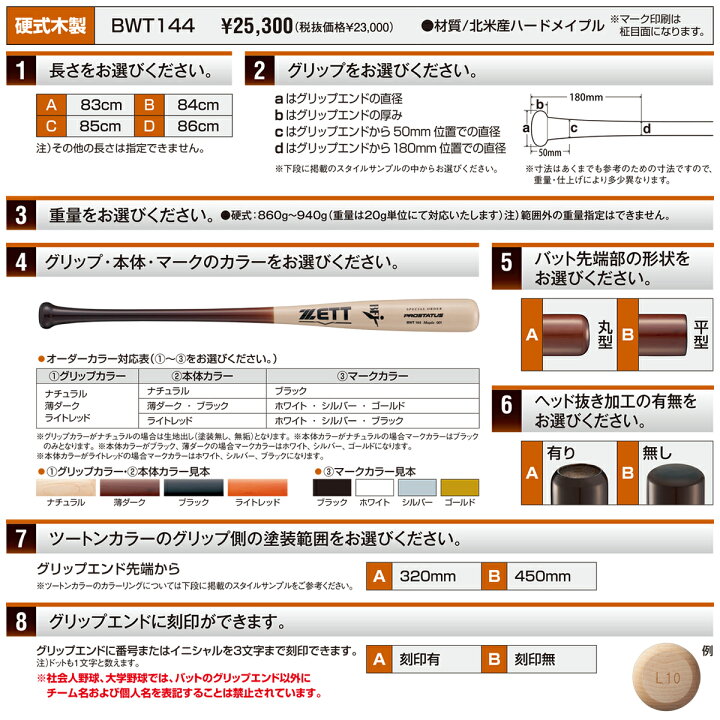 楽天市場】＜受注生産＞ゼット（ZETT） BWT144 硬式用木製オーダー 