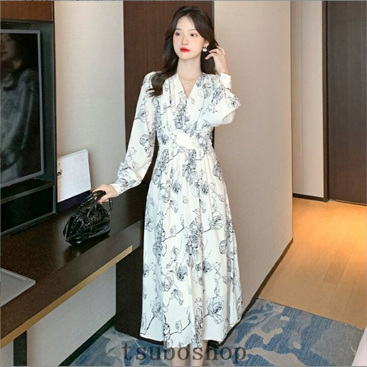 楽天市場】きれいめワンピース シフォ 花柄 長袖 マキシ丈 大きい 
