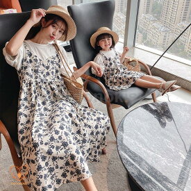 ママ 娘さん 親子お揃い 重ね着風 ママとお揃い 娘とペアルック 親子ペア フローラル ワンピース 花柄 半袖 親子服 キッズ プレゼント 女の子 レディース 子供服
