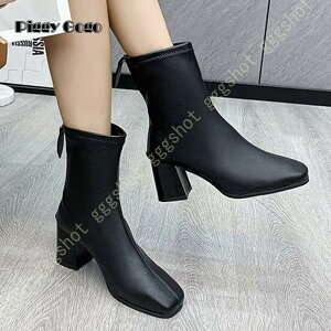 ショートブーツ スクエアトゥ 太めヒール 6.5cmヒール バックジップ レディース ストレッチ アンクルブーツ レディースブーツ 痛くない 安定感 美脚 コーデ