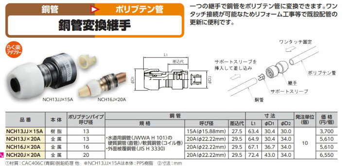 楽天市場】10個セット NCH13JJ×15A 銅管変換継手  