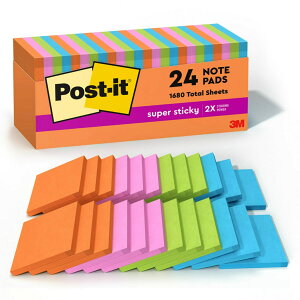3M 65424SSAUCP Super Sticky Notes Cabinet Pack, 3 x 3, Assorted Jewel Colors, 24 70-Sheet Pads