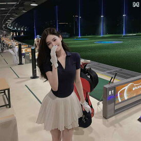 韓国 風 ゴルフ レディース ポロシャツ 半袖 Tシャツ プリーツスカートスーツテニスバドミントン 露出 防止 ショート スカート