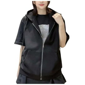 春秋 薄手 フード付き カーディガン ベスト レディース デザイン性 ゆったり ノースリーブ トップス ジレ アウター レイヤード 前開き 無地 羽織 ライトアウター パーカー風 春 夏 ジップアップパーカー 大人 着回し