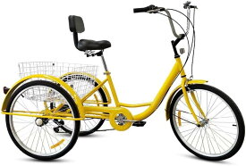 大人用三輪自転車 三輪クルーザーバイクリ座席高さ調節可能 バスケット付き24インチ7スピード大人用三輪車 女性、男性、高齢者向けの3輪自転車ビーチクルーザーショッピング
