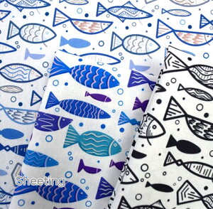 【50cm単位】人気です!北欧風のお洒落なプリント♪「泳げ!おさかなクン!」/魚/小魚/北欧風/コットン100% /綿/布/入園入学/マスク/服/手作り/デジタルプリント/手書き風/海 男子 100