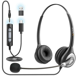 ヘッドセット3.5mm TypeC USB ノイズキャンセリングマイク付きとオンライン有線制御PC用ヘッドホン Web会議、Skype、オフィス、在宅勤務、業務用、リモートワーク、コールセンターに適用
