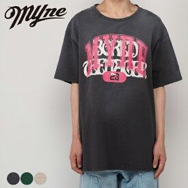 MYne Printed Tee Myne マイン G10TS030 tシャツ 半袖 ゆったり メンズ レディース ブランド おしゃれ カジュアル ロゴ プリント ダメージ加工 ブラック 黒 グリーン 緑 ホワイト 白 ギフト プレゼント クリスマス 2025 秋 秋冬 冬