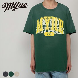 MYne Printed Tee Myne マイン G10TS030 tシャツ 半袖 ゆったり メンズ レディース ブランド おしゃれ カジュアル ロゴ プリント ダメージ加工 ブラック 黒 グリーン 緑 ホワイト 白 ギフト プレゼント クリスマス 2025 秋 秋冬 冬