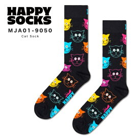 happy socks ハッピーソックス 靴下 レディース メンズ ブランド プレゼント かわいい おしゃれ クルー丈 ソックス くつ下 可愛い 綿混 カジュアル ビジネス アニマル柄 キャット 猫 総柄 ブラック 黒 ギフト 誕生日 Cat Sock MJA01-9050 2024 冬 春 春夏