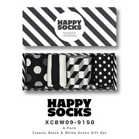 happy socks ハッピーソックス 靴下 レディース メンズ ブランド プレゼント かわいい おしゃれ 4足セット ギフトボックス クルー丈 ソックス くつ下 可愛い 綿混 カジュアル ビジネス ドット 水玉 総柄 黒 4-Pack Classic Black & White Socks Gift Set 2024 冬 春 春夏