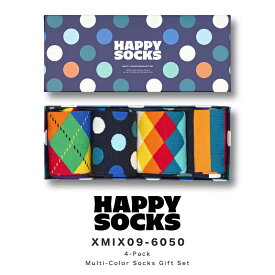 happy socks ハッピーソックス 靴下 レディース メンズ ブランド プレゼント かわいい おしゃれ 4足セット ギフトボックス クルー丈 ソックス くつ下 可愛い 綿混 カジュアル ビジネス ドット 水玉 総柄 ネイビー 紺 4-Pack Multi-Color Socks Gift Set 2024 冬 春 春夏