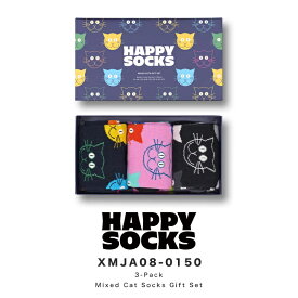 happy socks ハッピーソックス 靴下 レディース メンズ ブランド プレゼント かわいい おしゃれ 3足セット ギフトボックス クルー丈 ソックス くつ下 可愛い 綿混 カジュアル ビジネス 猫 キャット 総柄 ブラック 黒 3-Pack Mixed Cat Socks Gift Set 2024 冬 春 春夏