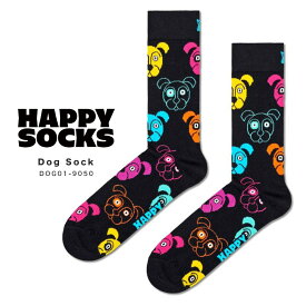 happy socks ハッピーソックス 靴下 レディース メンズ おしゃれ ブランド かわいい クルー丈 ミドル丈 ソックス くつ下 可愛い 綿 コットン 綿混 カジュアル ビジネス 派手 総柄 犬 アニマル柄 ブラック 黒 Dog Sock DOG01-9050 2024 春 春夏 夏