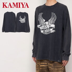 KAMIYA カミヤ "EAGLE" Breached Long Sleeve T-shirt G13LT075 ロンT ロングTシャツ tシャツ 長袖 綿100％ おしゃれ ゆったり 可愛い かわいい メンズ レディース ブランド カジュアル プリント ブリーチ ウォッシュ加工 ヴィンテージライク ブラック 黒 2025 秋 秋冬 冬