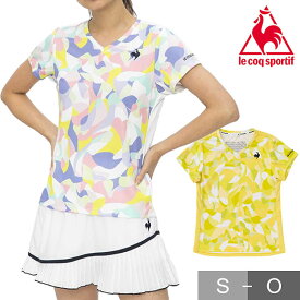 テニス ゲームシャツ レディース ルコック SUNSCREEN グラフィックゲームシャツ テニスウェア 半袖 Vネック UVカット 遮熱 吸汗速乾 QTWVJA00