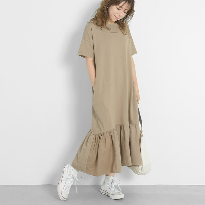 楽天市場】Tシャツワンピース ロング 半袖 裾ギャザー ワンピース T  