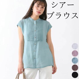 シアーシャツ バンドカラーシャツ フレンチスリーブ ピンタック ブラウス シアー シースルー レディース トップス バンドカラー スリット シャツ 無地 透け感 前開き 大人 可愛い ナチュラル カジュアル 服 [M便 1/1]