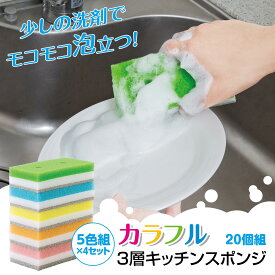 【送料無料】3層カラフルキッチンスポンジ　20個組