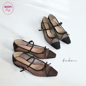 えりん さん コラボ シアー パンプス ROOM ミュール サンダル メッシュ 大人 可愛い きれいめ おしゃれ 疲れない 歩きやすい ローヒール ブラック ブラウン ドット 水玉 [7504]
