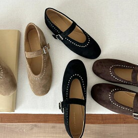 スエード ストラップ ハトメ メリージェーン パンプス ローヒール ラウンドトゥ スタッズ フラット シューズ レディース 可愛い 大人 ローヒール きれいめ 歩きやすい 履きやすい 疲れにくい 黒 ★ [580-11]
