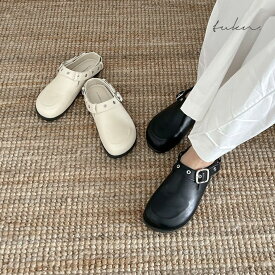 【マラソン開催中】 サボ レディース ローヒール ミュール 軽い 黒 ブラック アイボリー 歩きやすい 履きやすい 疲れにくい カジュアル おしゃれ きれいめ 大人 スタッズ ベルト フラット 送料無料