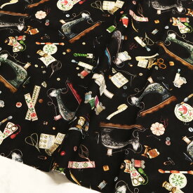 生地 輸入生地 プリント生地 USAプリント ブラック地 手芸柄 ミシン柄 小物柄 アンティーク柄 ROBERTKAUFMAN ロバートカフマン 巾約110cm (最低単位30cm〜10cm単位の切り売り )