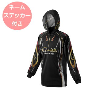 特価品 2WAYプリントジップシャツフーディ GM3736 黒赤・Lサイズ がまかつ フィッシングシャツ ネームステッカー付き