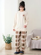 【期間限定10%OFFタイムSALE 4/17 09:59迄】[温度調整]裏毛くまサガラ刺繍チェックボトム長袖パジャマ レ…
