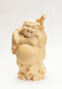 【総高21cm】布袋様 木彫り 置物 仕様:無垢 / 素材:桧(縁起物,布袋尊,木,木彫)