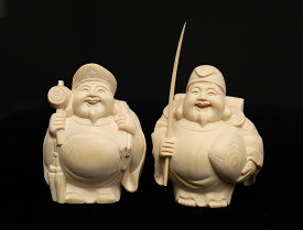 【総高11cm】恵比寿大黒 木彫り 福の神 縁起物一刀彫 / 材料：桧（置物,木彫,恵比寿様,大黒様）~