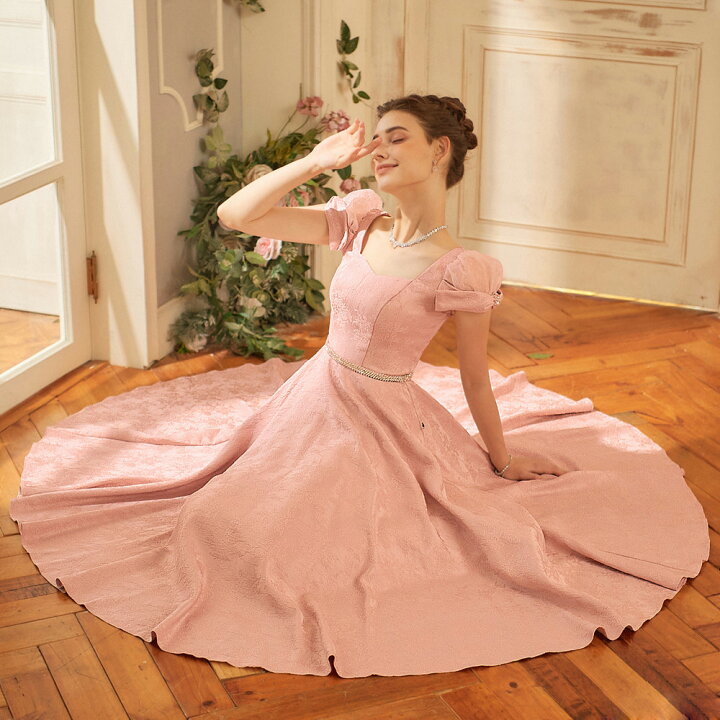 楽天市場】ロングドレス ジャガードレース プリンセススリーブ ピンク 