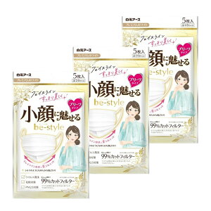 【3袋計15枚】白元アース ビースタイル 小顔に魅せる 女性用 マスク プレミアム ホワイト ふつう サイズ プリーツタイプ 5枚入