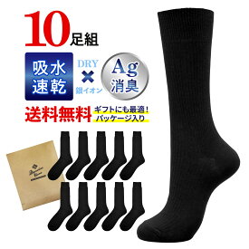 【安心の超ロングセラー】紳士靴下 10足セット Ag銀イオン消臭 靴下 メンズ ビジネス 25cm-28cm Damerinoブランド オールシーズン 夏 吸水速乾 消臭 防臭 抗菌 高耐久 黒 ドライ 綿素材 クルーソックス レギュラーソックス ギフト