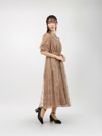パーティードレス 花刺繍 シアー 袖あり レディース 結婚式 お呼ばれ 体型カバー 総ゴム ウエスト M/L対応 1969