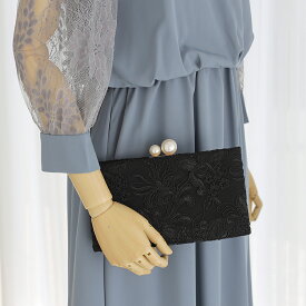 レース刺繍 パーティーバッグ 2WAY ショルダーチェーン付 レディース ベージュ/ブラック