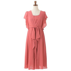 パーティードレス 結婚式/シフォンドレス/ドレス/秋冬/お呼ばれAライン/ミモレ丈/シフォン/サテン/ドレープ/ラッフル袖/ブルー/ピンク/グリーン/ネイビー/Mサイズ/9号/Lサイズ/11号/LLサイズ/13号